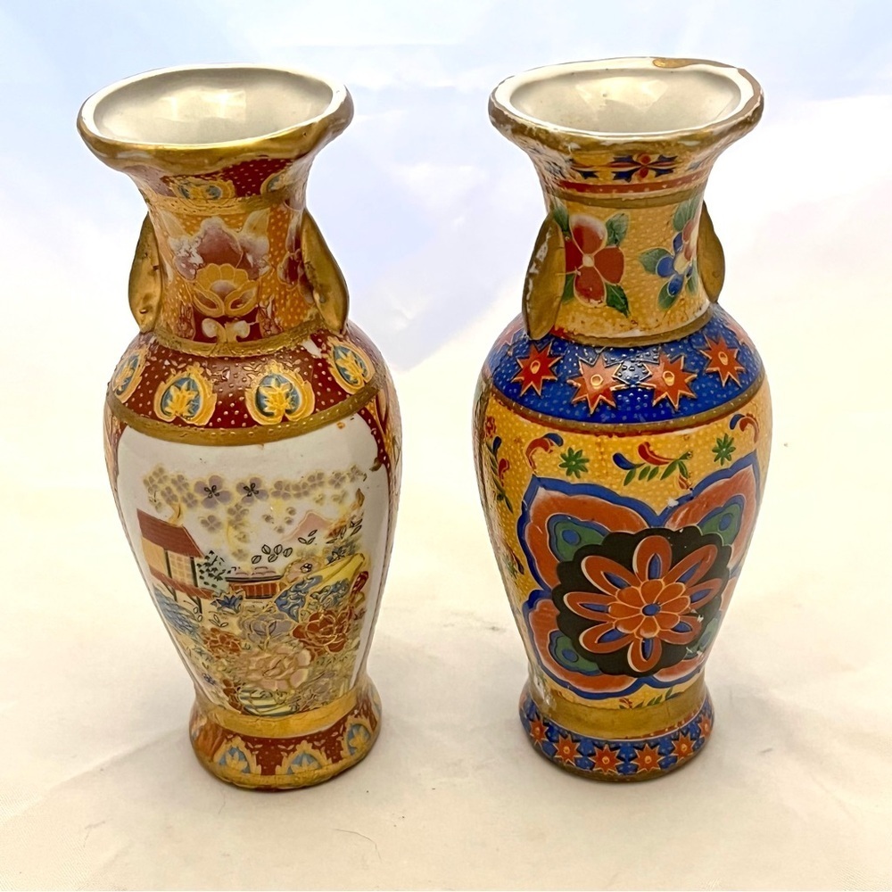 Japanese Satsuma Style Vases, Small Set of 2, Made in China, Vintage VGUC